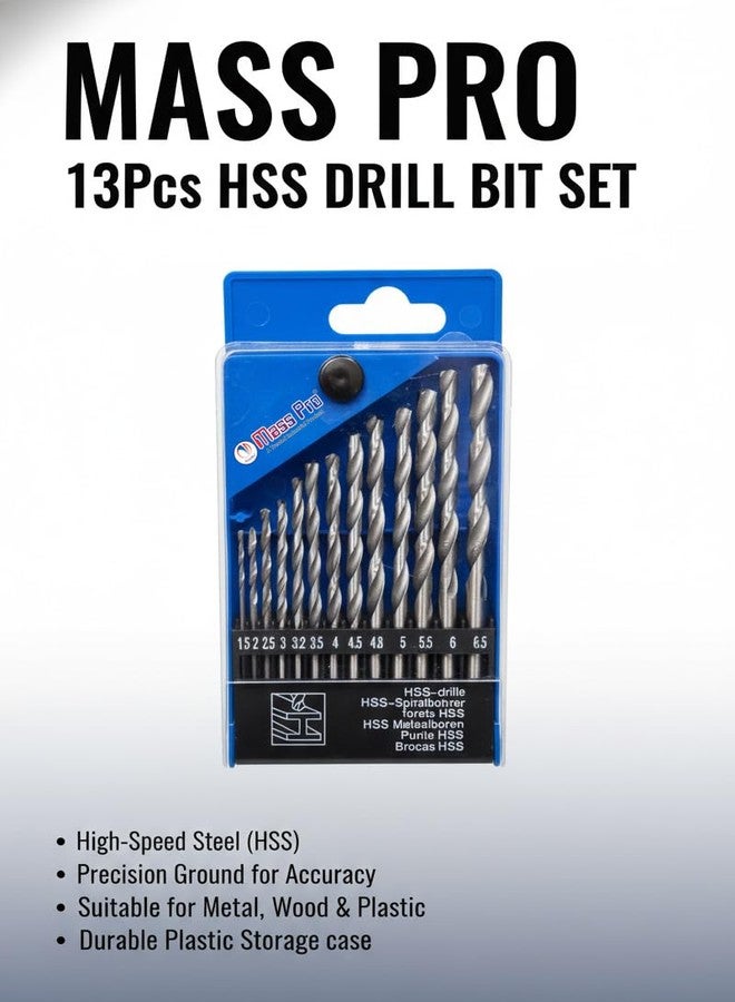 Mass Pro مجموعة رؤوس مثقاب Mass Pro HSS، 13 قطعة، نطاق قطر من 1.5 إلى 6.5 مم، فولاذ عالي السرعة، للمعادن والخشب والبلاستيك - Image 3